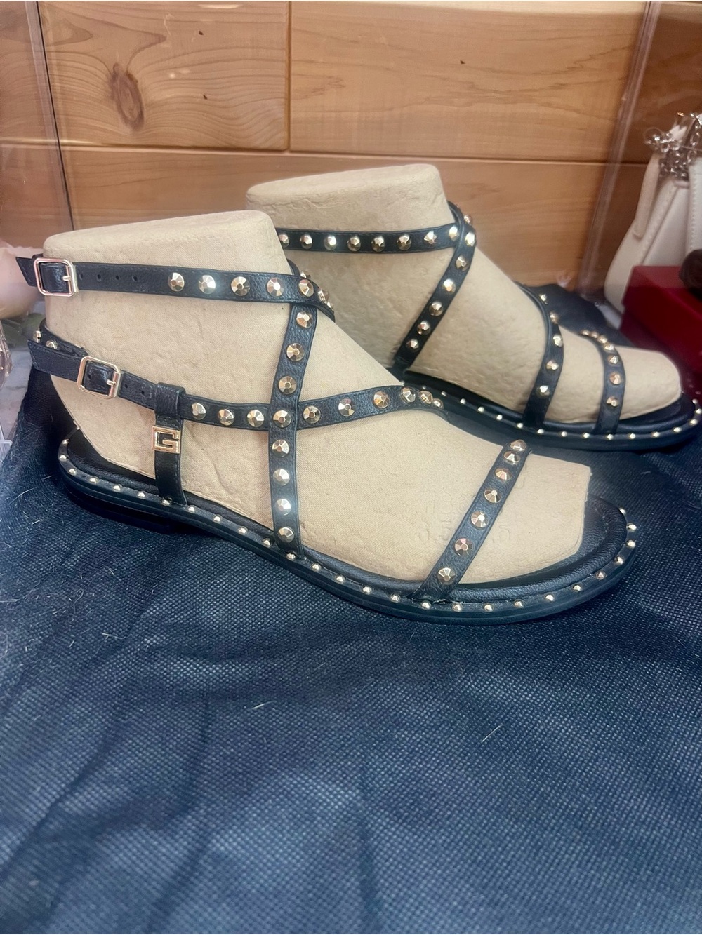 Guess Black Studded Leather Strappy Sandals